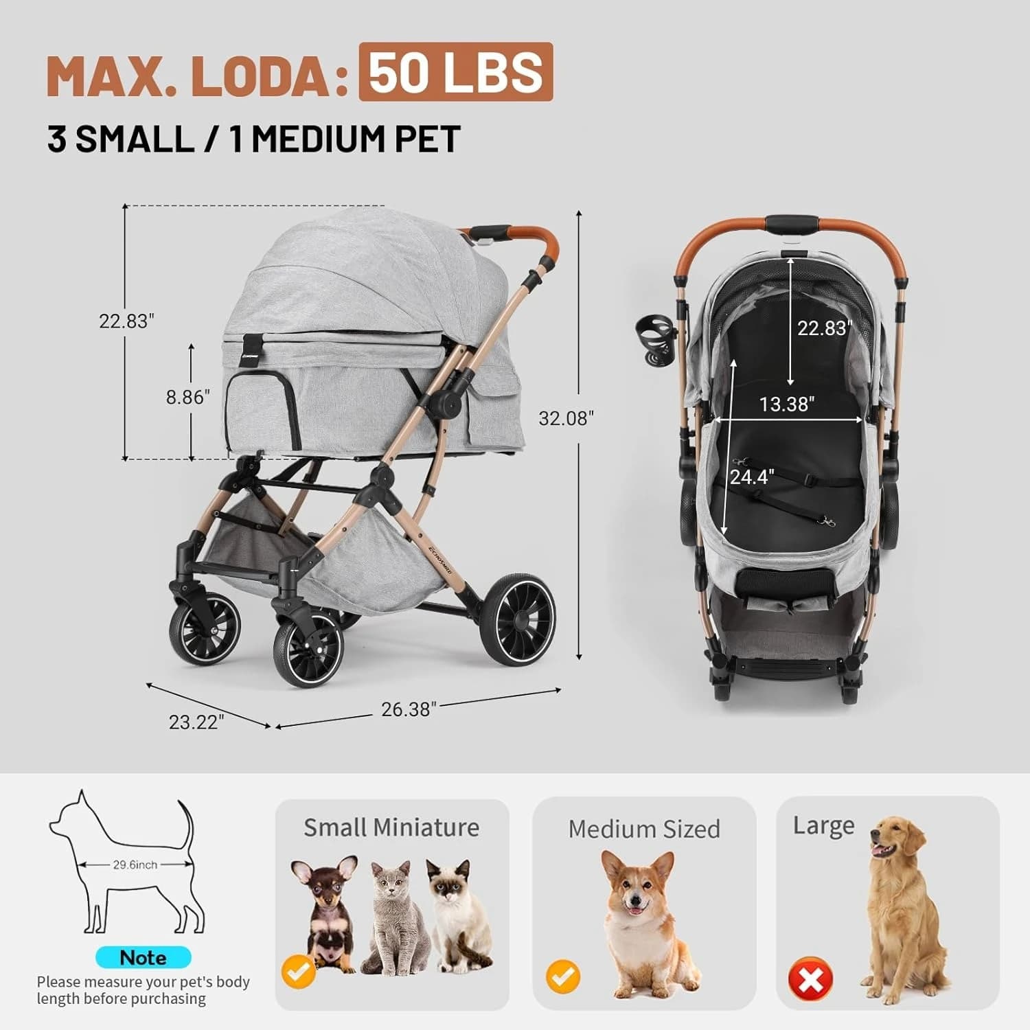 Passeggino per cani di taglia piccola e media Passeggini per animali domestici a 4 ruote per cani di taglia media fino a 50 libbre, passeggino per gatti grande pieghevole con un clic