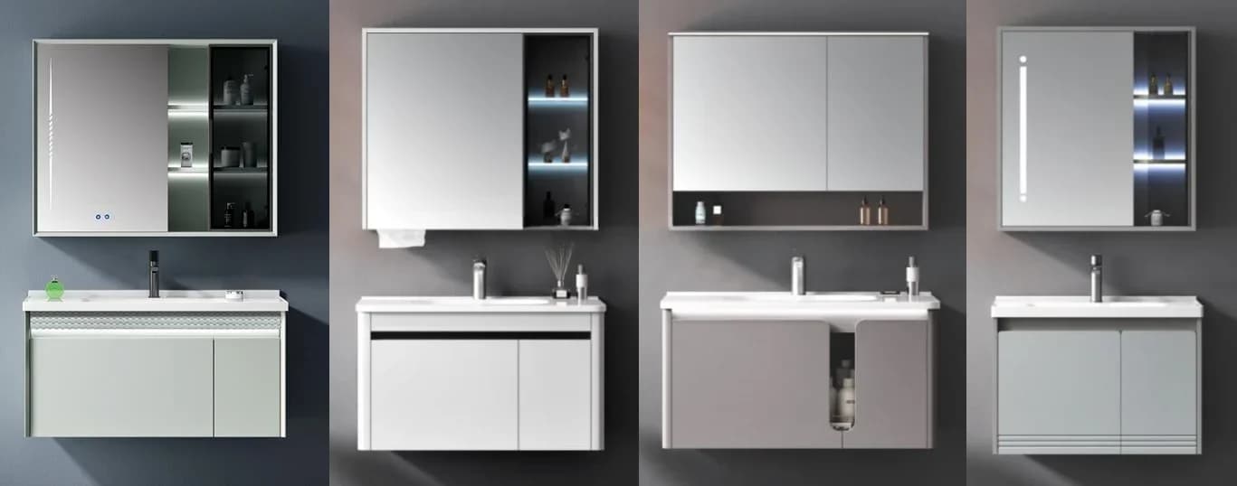 z Nuovo design moderno in PVC montato a parete per mobiletto da bagno, set di mobili da toeletta, con mobiletto a specchio a LED e lavabo