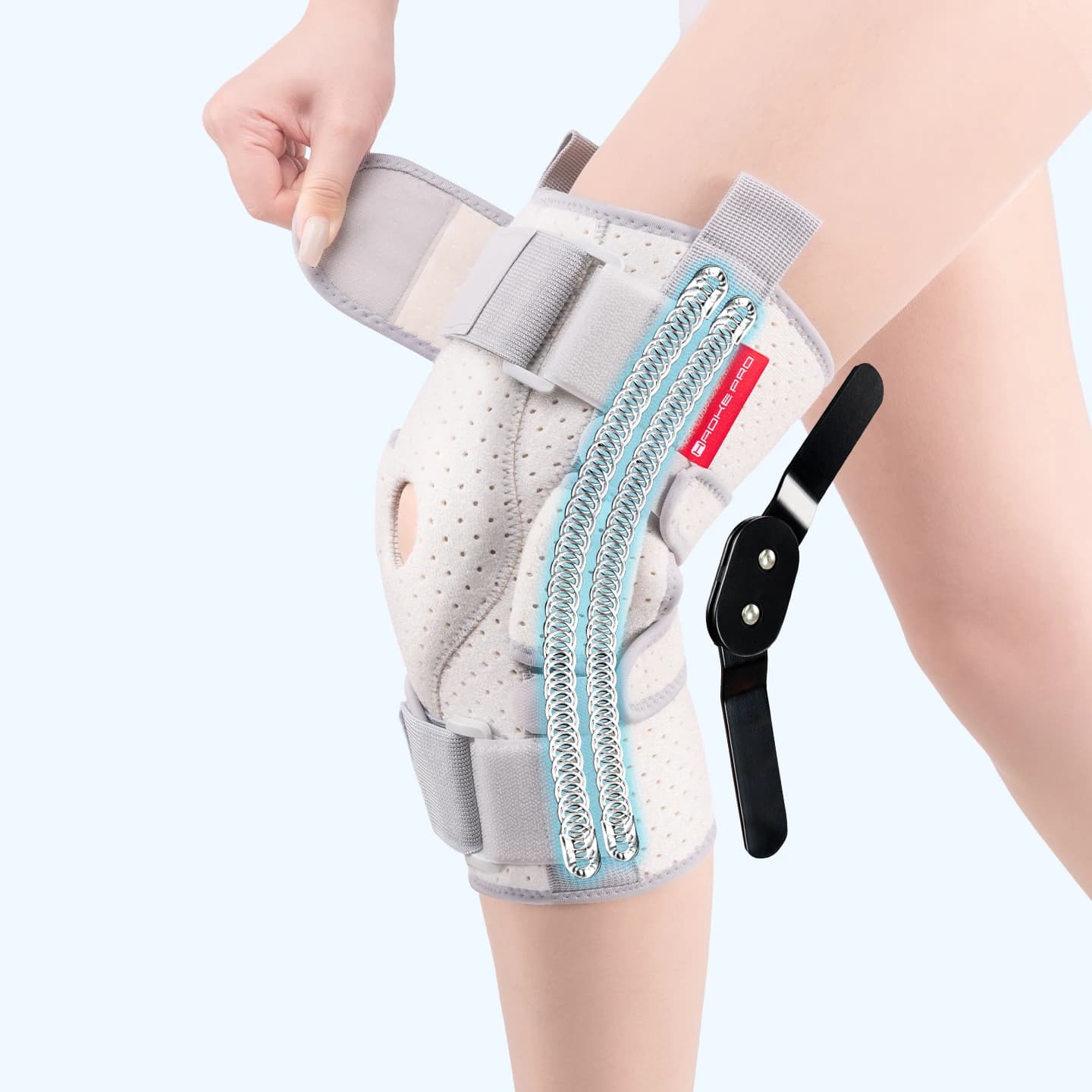 Ginocchiera regolabile con supporto stabilizzatore laterale e cuscinetto maggiorato, ginocchiera a compressione traspirante