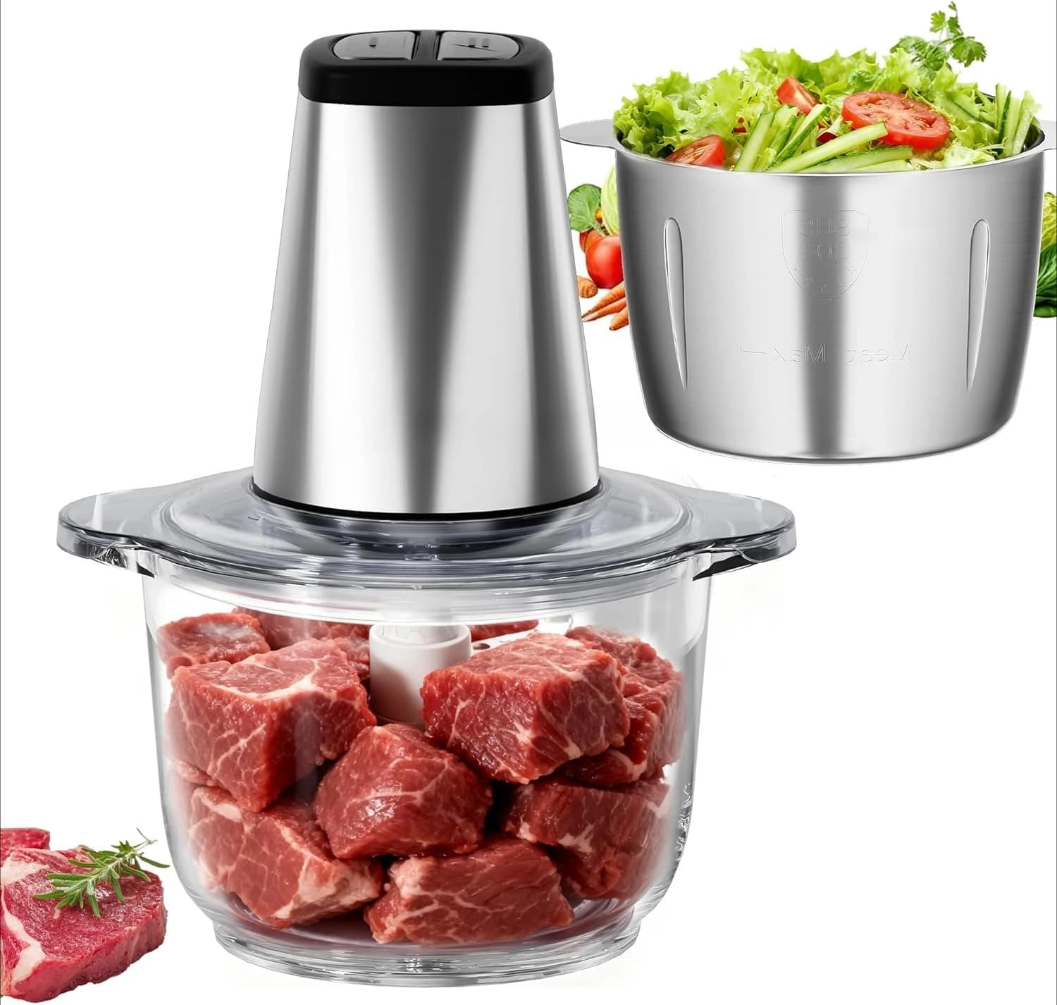 Food Processor Glass Stainless Steel 8 Cup 8 Cup 2 Bowls Pet Food Easy Clean All Season Classic