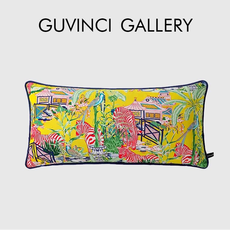 GUVINCI Federa per cuscino lombare di lusso scenico asiatico Retro Zebra Bird Pagoda Alberi Federa per cuscino lunga decorativa 30x60 cm Retro Giallo