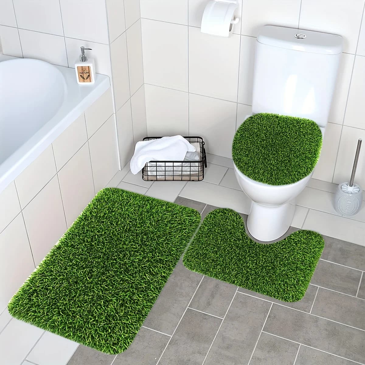 3 pezzi ​ ​ Set tappetino da bagno Fresh Lawn Grass - Tappeto e tappetino in morbida flanella per l'arredamento naturale del bagno e vibrazioni primaverili ​