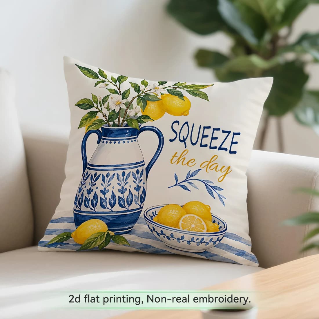 1pcs Blue White Lemon Watercolor Cushions Pillowcase Polyester Cushion Cover Throw Pillow Pillowcover Home Car Sofa Decor