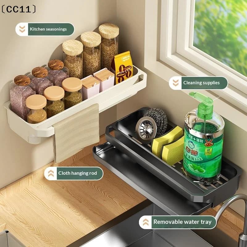 No-Drill Kitchen Sponge Drying Rack Sink Caddy For Dish Soap With Towel Bar Bathroom Storage Holder〔CC11〕