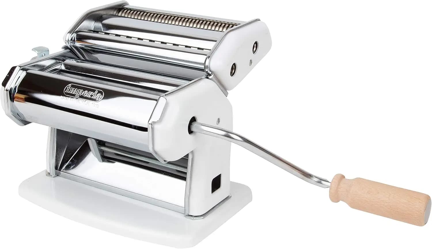 Macchina per Fare la Pasta, Bianca, Made in Italy - Costruzione in Acciaio Resistente con Manopola a Blocco Facile, Impugnatura in Legno per Pasta Autentica Italiana