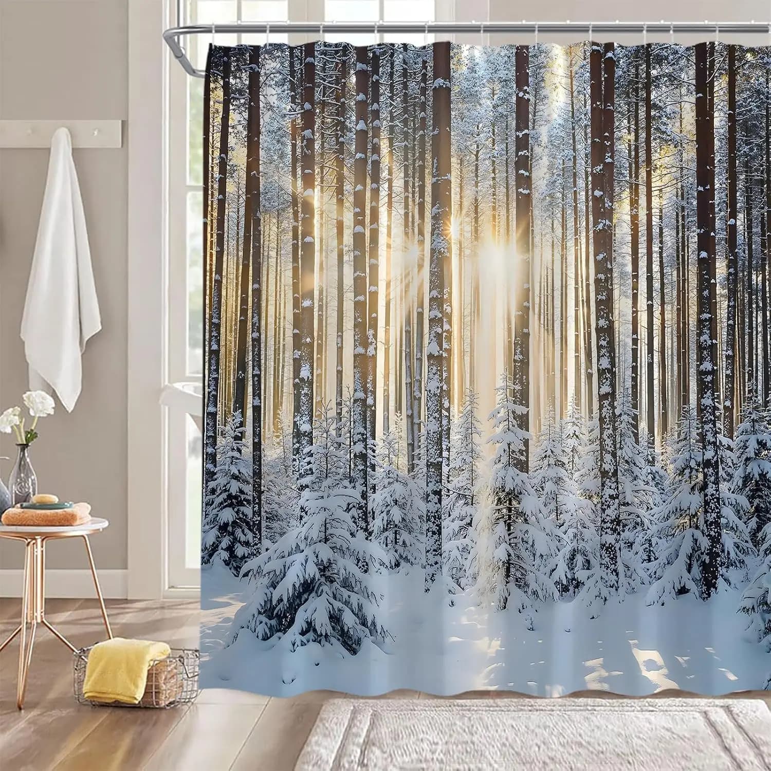 Tenda da doccia paesaggio invernale Natura Foresta Pino Fiocco di neve Sole Paesaggio rustico Decorazioni per il bagno Tenda in tessuto con