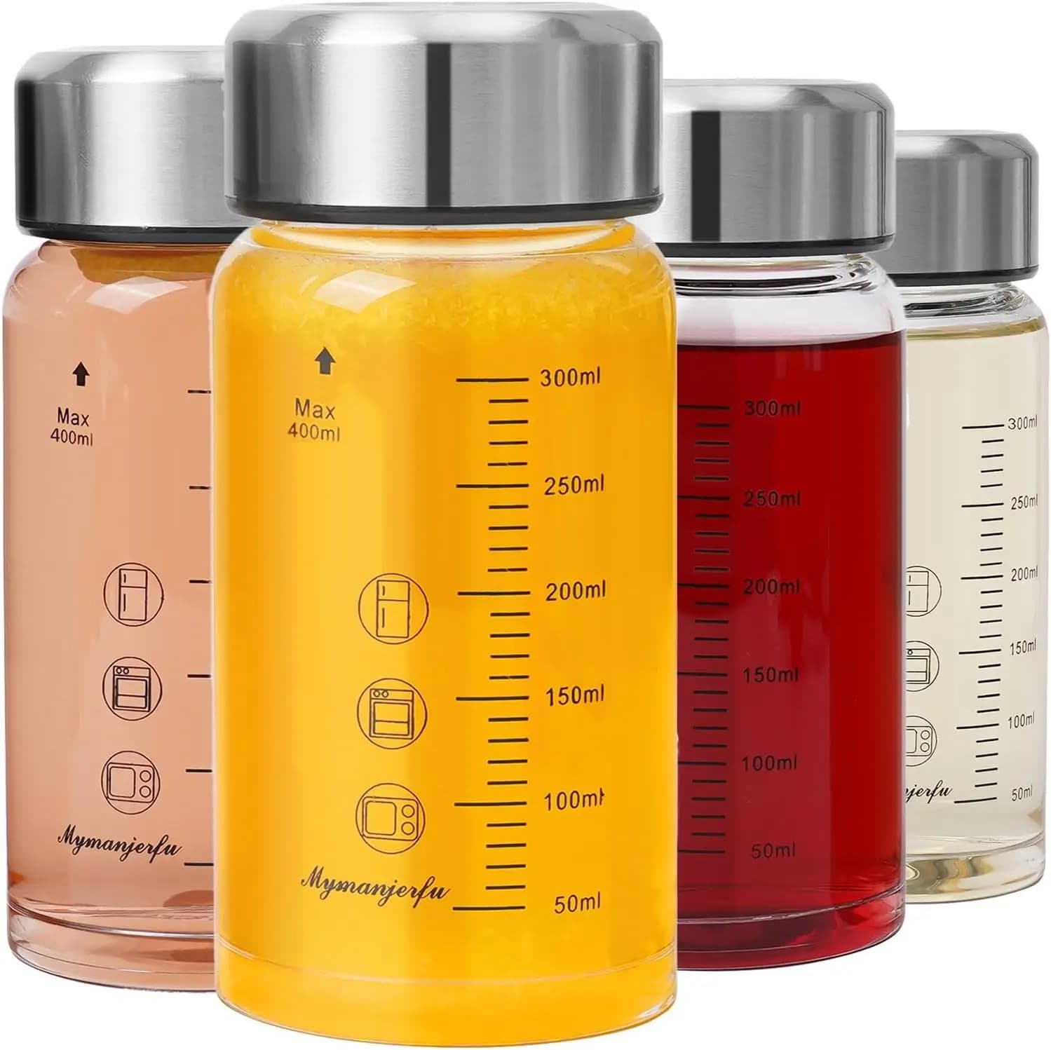 Bottiglie di vetro per succhi di frutta, confezione da 4, 350 ml - Bottiglie d'acqua a bocca larga con coperchi in acciaio inossidabile, senza BPA, a prova di perdite, riutilizzabili