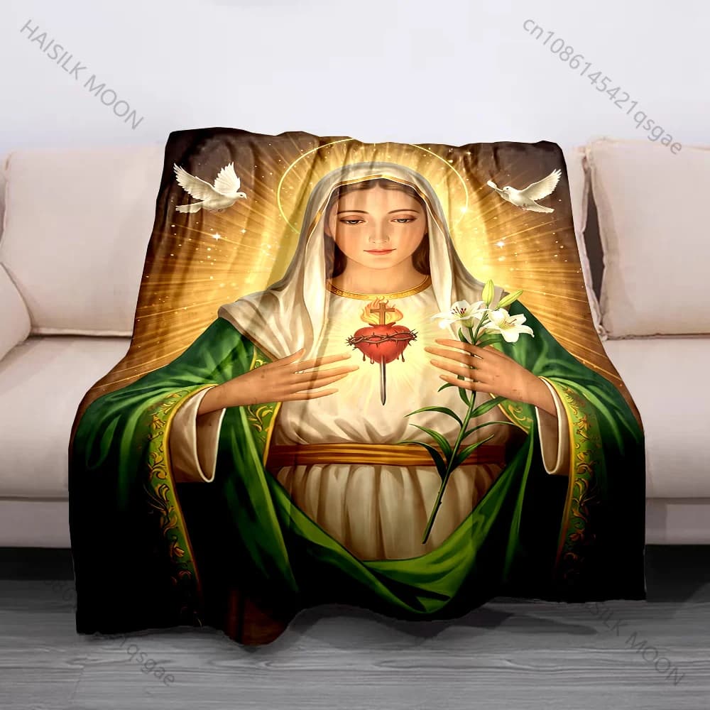 Sacred Heart Virgin Mary Doves Halo Print Believer Pray blanket Warm soft flannel material suitable for all seasons luxury gift