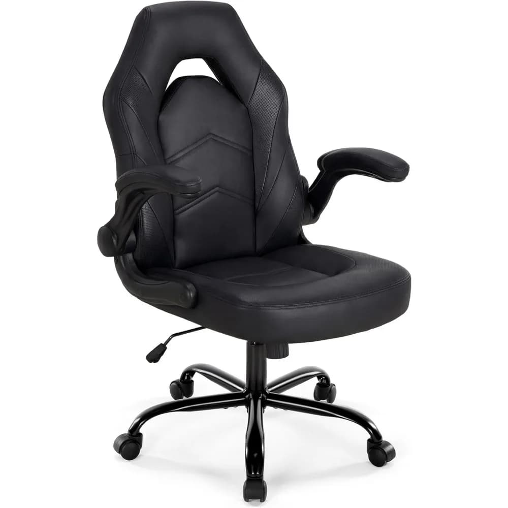 Sedia da Gaming Ergonomica per Casa e Ufficio in Pelle PU con Supporto Lombare, Altezza Regolabile, Braccioli Ribaltabili e Ruote Girevoli, Nera
