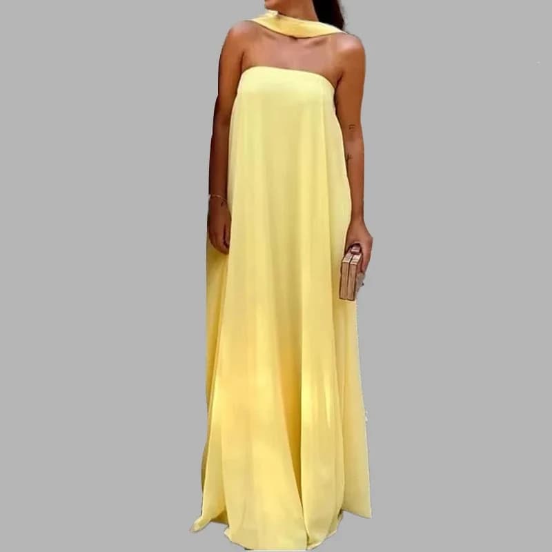 Casual Halter Long Dress Women Loose Spring Summer Tube Top Backless Floor-length Dresses Lady Yellow Robe Woman Holiday Stylish