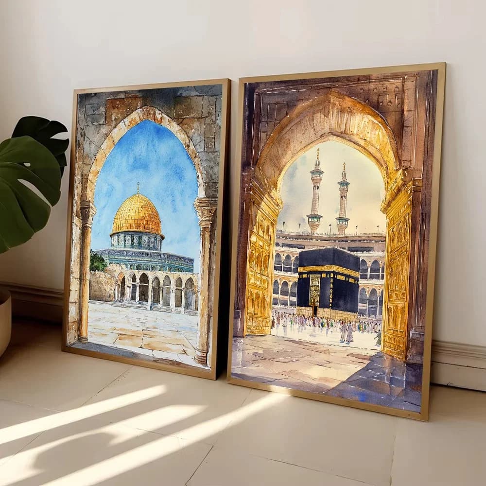 Poster Islamico della Moschea di Al-Aqsa e della Kaaba, Dipinto Decorativo con Diamanti e Acquerelli, Quadri Moderni per Soggiorno e Arredamento Casa