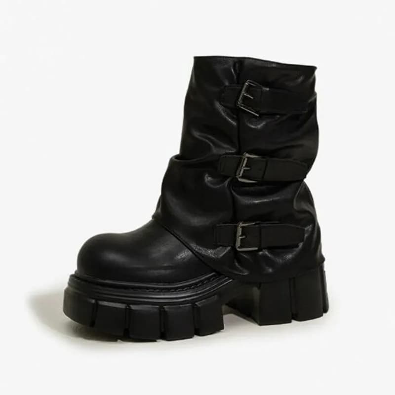 9cm 2026 Women’s Platform Ankle Boots Chunky Heel Hidden Wedge Short Motorcycle Riding Style Buckle Shoes for Fall Winter Boots