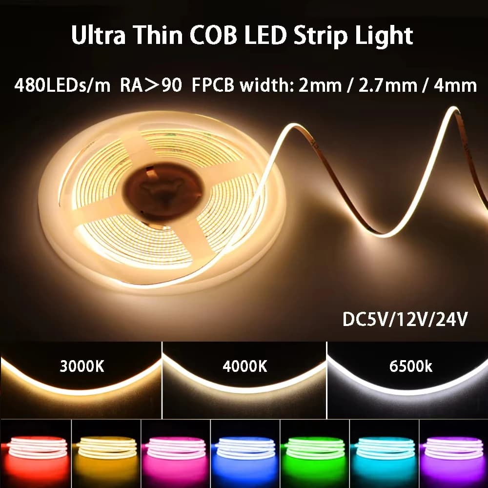 Strisce LED COB colorate ultra sottili da 2mm 2.7mm 4mm DC5V/12V/24V RA90 480LED/m Nastro LED ad alta densità Auto a colori fai da te