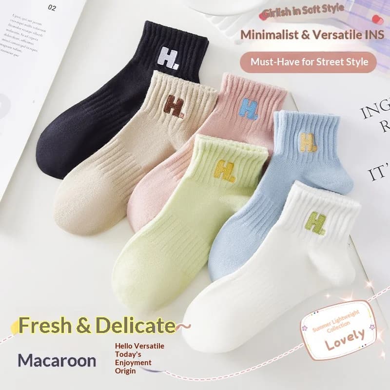 Calzini estivi sottili da donna, calzini traspiranti in rete con lettera H ricamata, supporto antiscivolo per l'arco plantare, calzini casual in 6 colori