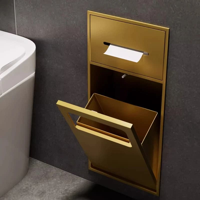 Organizzatore da Bagno Multifunzionale a Incasso, Porta Carta Igienica in Acciaio Inox, Nicchia di Stoccaggio a Parete con Cestino