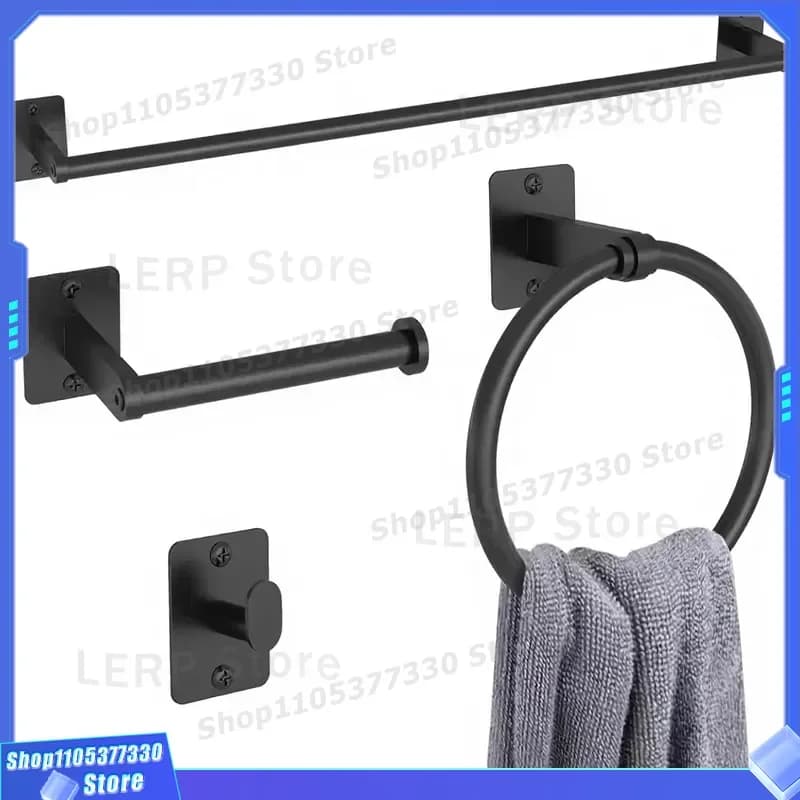 Matte Black Bathroom Accessories Set 4 Piece Aluminum Alloy Wall Mount Towel Bar Toilet Paper Holder Coat Hook Hardware Kit