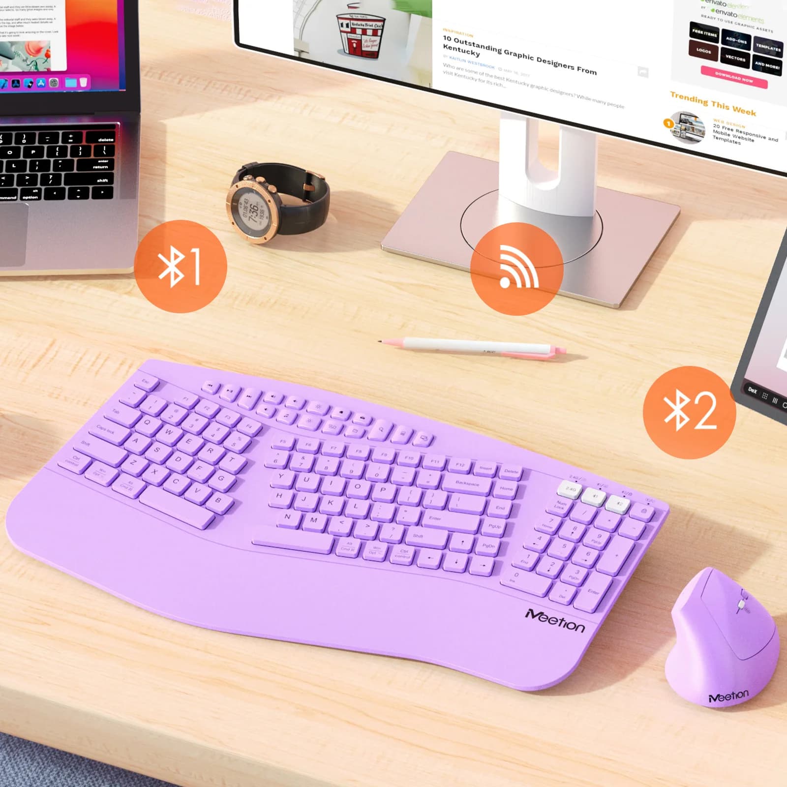 Set tastiera e mouse ergonomici ricaricabili 2.4G Bluetooth dual-mode con tasti silenziosi, tastiera con poggiapolsi e mouse verticale