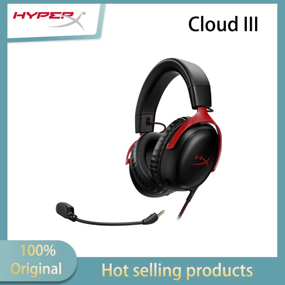 HYPERX Cloud III wired gaming headset, red detachable noise cancelling microphone, e-sports gaming headset