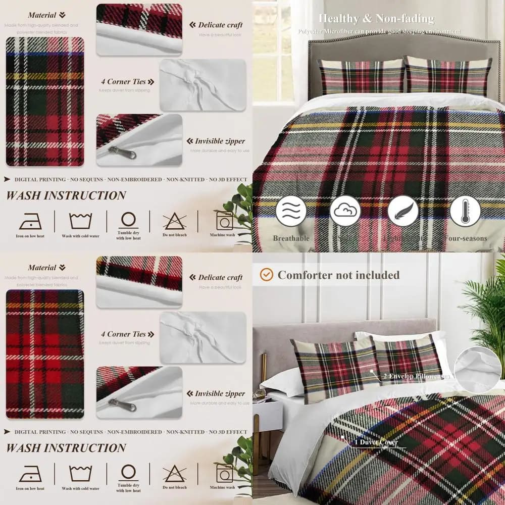 Set copripiumino scozzese King Size in lana scozzese, design quadrato simmetrico verde, morbido cotone spazzolato in 3 pezzi (nessun piumino incluso