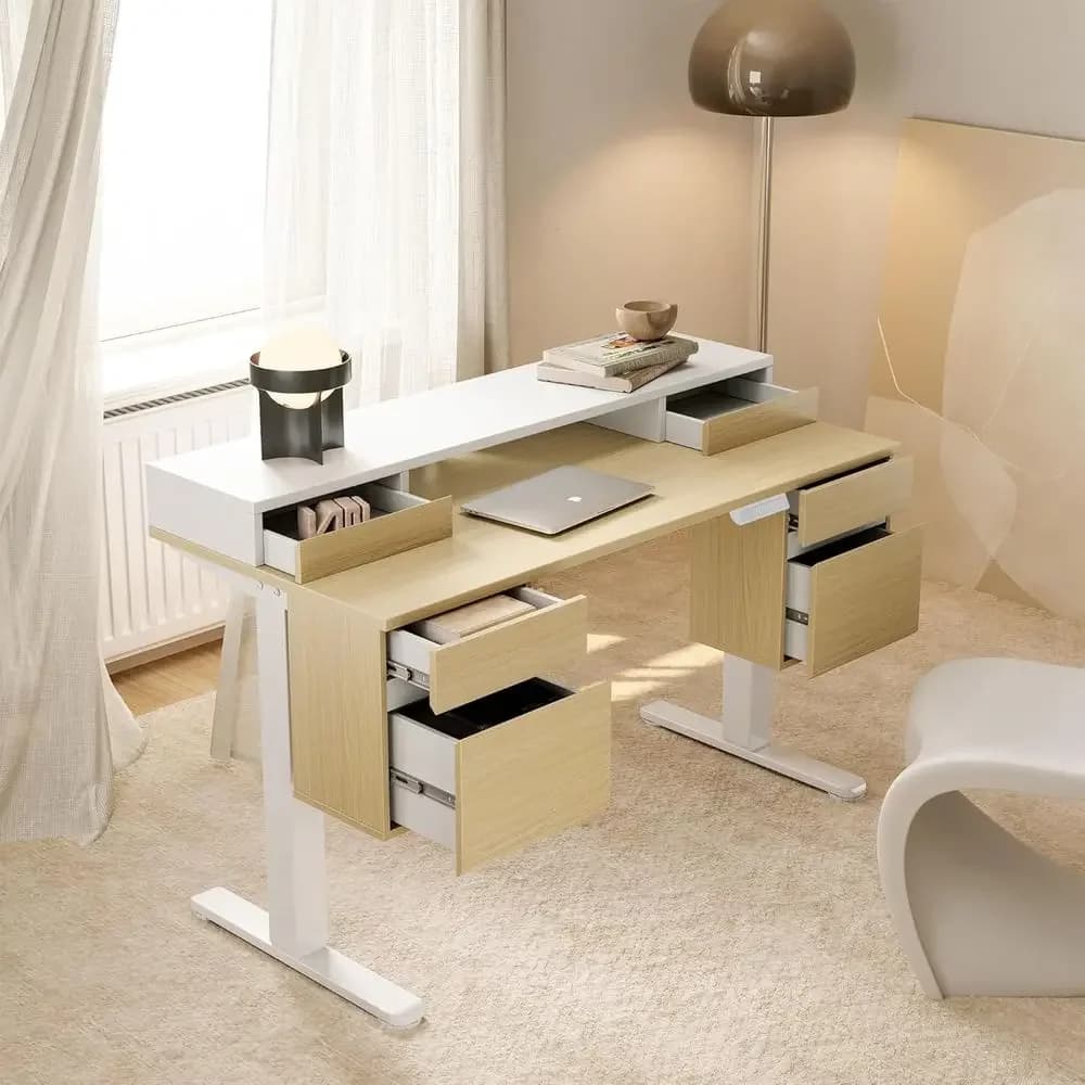 Scrivania Elettrica Regolabile in Altezza con 6 Cassetti e Spazio di Archiviazione, Noce Chiaro, Ideale per Ufficio Domestico e Supporti Monitor