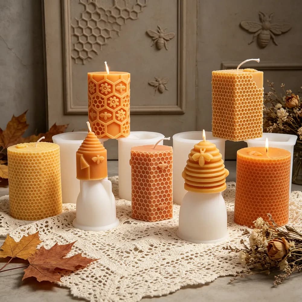 DIY Honeycomb Bee Beehive Pillar Silicone Candle Mold,3D Embossed Honey Hexagon Floral Bee Tower Column Mold Resin Home Decor