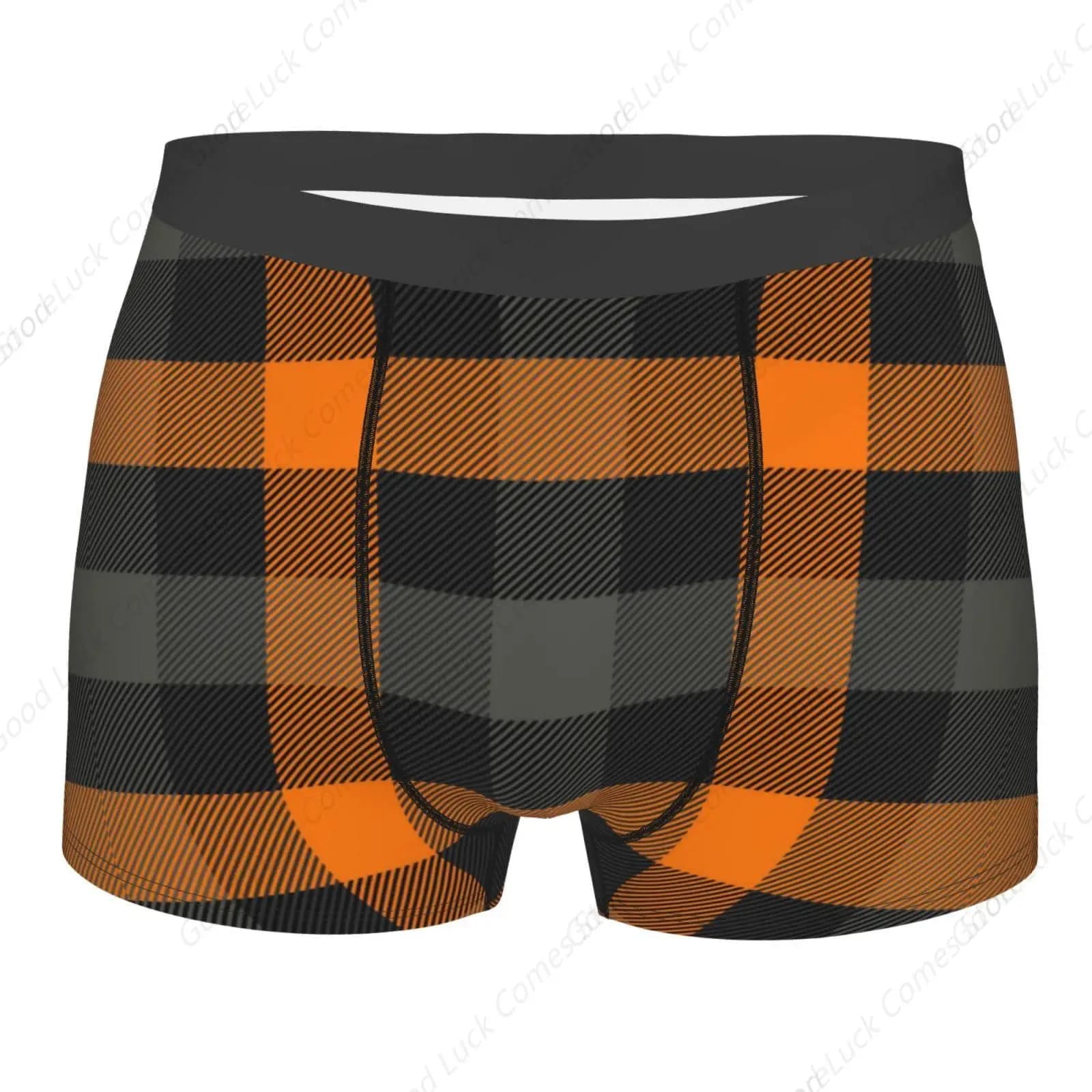Breathable men's boxer, soft, light, elasticized, orange and black, buffalo square boxer, men's underwear S