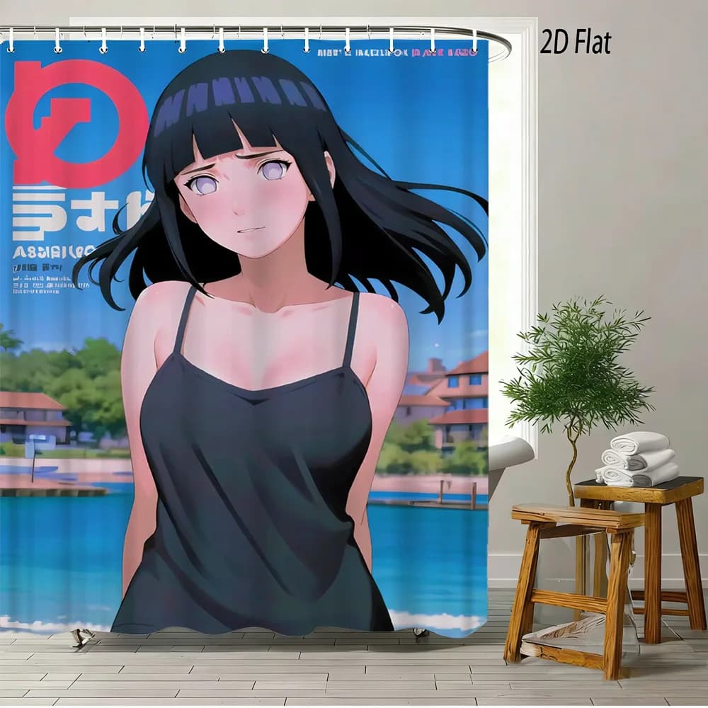 Tenda da Doccia Impermeabile con Ragazza Anime 2D, Capelli Neri e Canotta Nera, Decorazione per Bagno