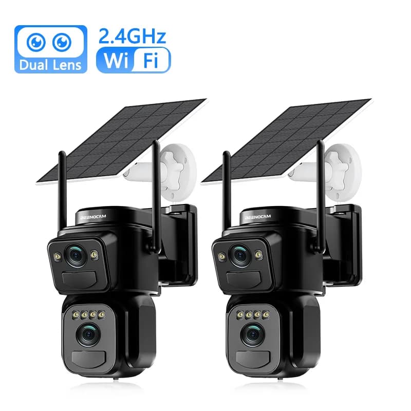 Telecamera Solare WiFi a Doppia Lente per Esterni, Registrazione 24h, Batteria Integrata, Pannello Solare, Allarme Wireless