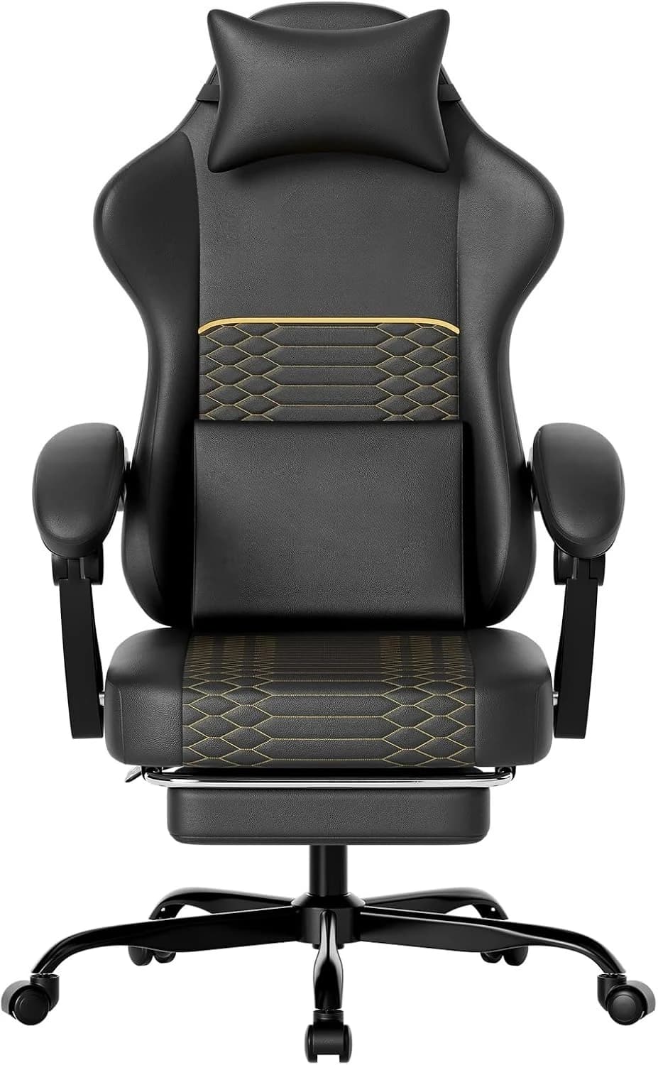 Gaming Chair PU Leather High Back Massage Lumbar Support Ergonom Adjustable Lumbar and Headrest Massage Support,All Seasons Universal Black