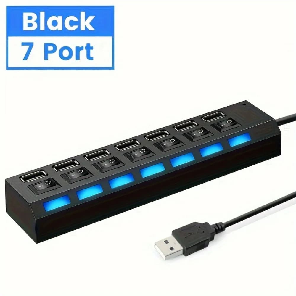 Hub USB 2.0 a 7 Porte con LED, 5Gbps Alta Velocità, Adattatore di Alimentazione USB Multiporta, Splitter USB con Interruttore per Laptop e Computer Domestici