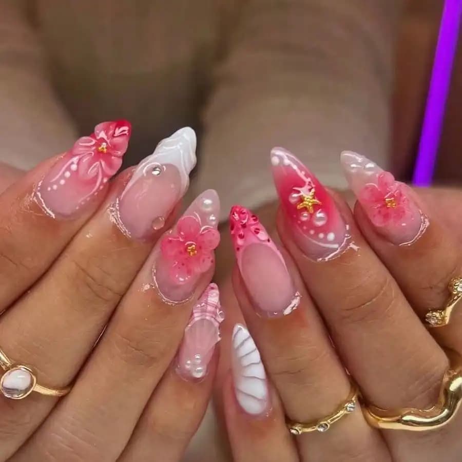 Unghie Finte Rosa da Donna con Fiori 3D e Fiocco, Lunghe a Stiletto, Lusso Fatato, per Manicure Quotidiana, Feste e Regali
