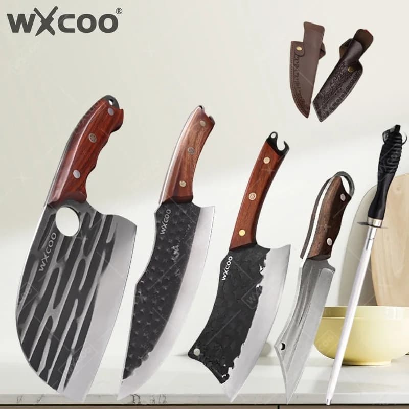 Coltello da Cucina Multifunzione WXCOO, Coltello da Macellaio Forgiato in Acciaio Inossidabile con Manico in Legno, Coltello per Disossare il Pesce, Apribottiglie