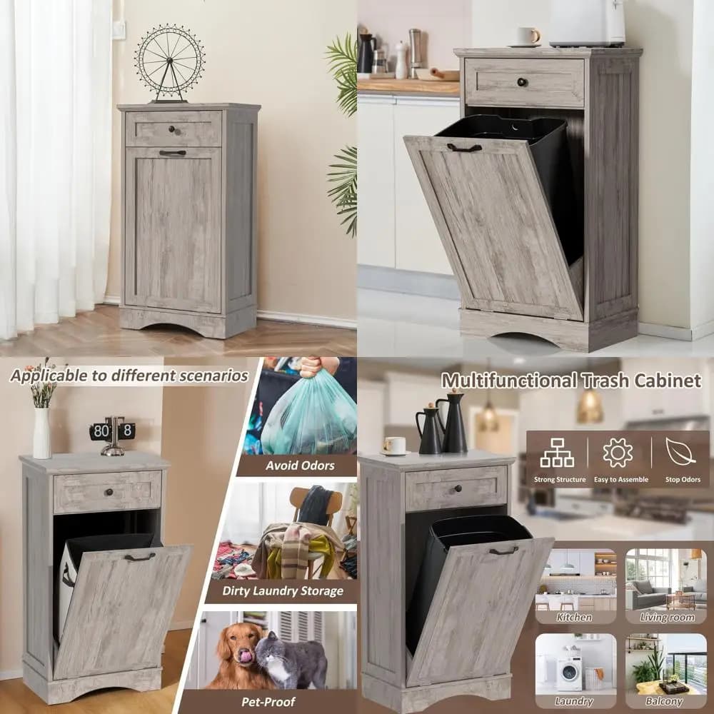 Mobiletto da cucina grigio in legno con contenitore per rifiuti a scomparsa e porta bidone per la raccolta differenziata a prova di animali domestici