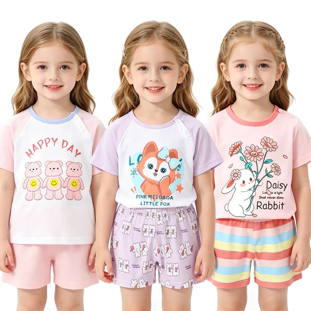 Children's Pajamas Sets Kids Toddler Boys Pyjamas Cotton Summer Short Sleeve Girl Nightwear Tops+Shorts Suits Bow Buttons Pijama