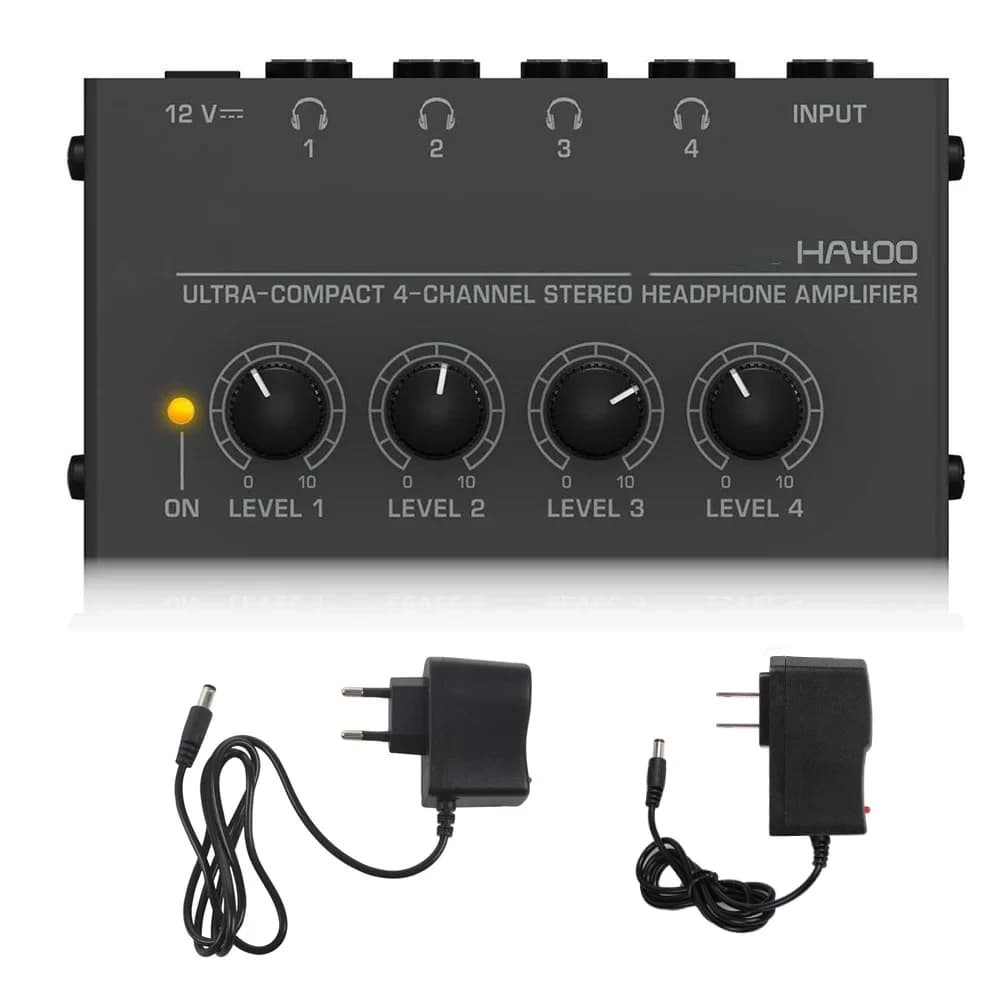 Mini amplificatore per cuffie stereo a 4 canali Distributore per cuffie HA400 Ultracompatto con adattatore di alimentazione Adattatore per spina UE USA