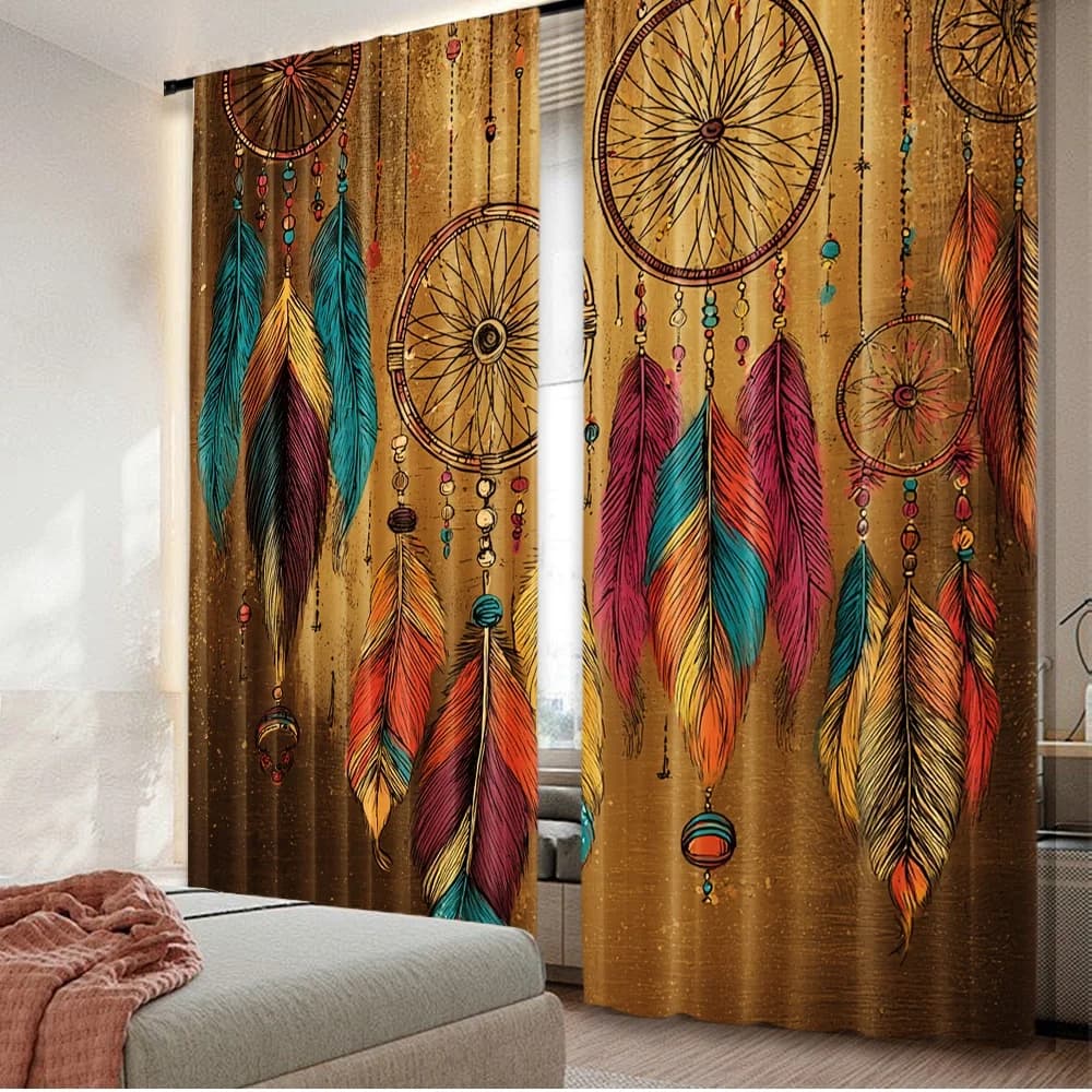 2D flat printing 2pcs Party Window Curtains Colorful Dreamcatcher Feathers(1) Digital Printed Polyester Drapes Family Party