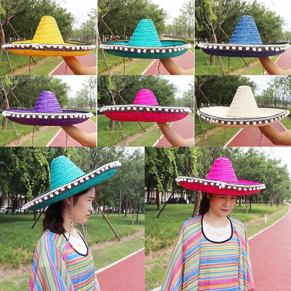 Cappelli di paglia in stile messicano a tesa larga colorati uomo donna estate cappello da sole all'aperto di grandi dimensioni Cool rafia Sombrero per la festa di Halloween