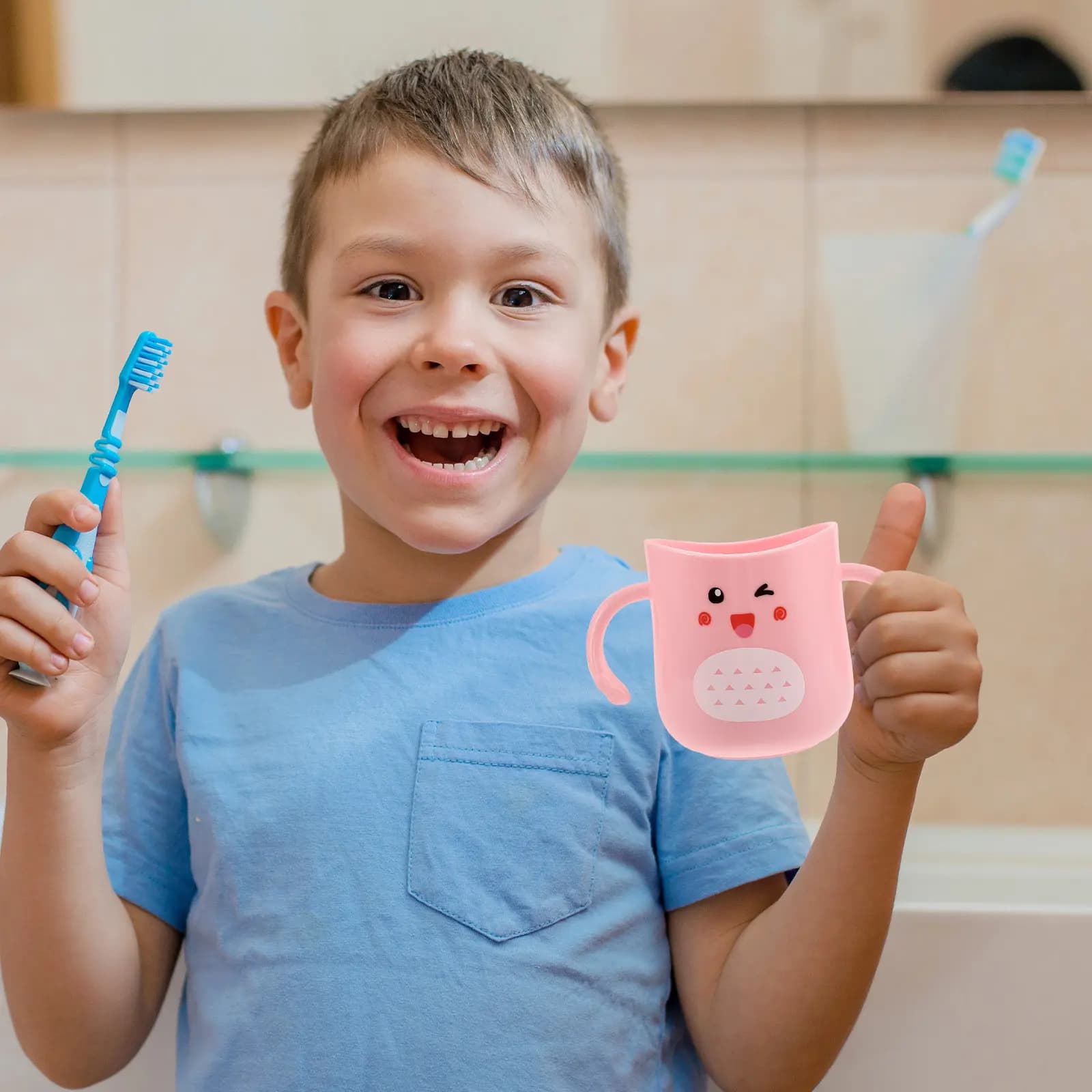 Tazza per Spazzolino da Denti per Bambini con Doppio Manico, Portaspazzolino in Plastica Infrangibile, Tazza da Viaggio per Risciacquo Orale, Riutilizzabile