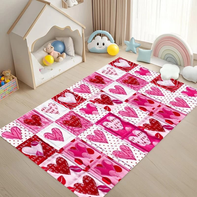 Tappeto Vintage a Cuori Patchwork Antiscivolo, Tappetino Rosa Romantico con Cuori Rossi, Decorazione Accogliente per San Valentino, per Interni ed Esterni