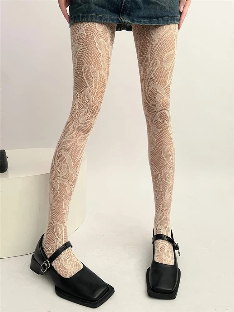 Collant di pizzo da donna Maglia sexy scava fuori Calze alte alla coscia Lolita Retro JK Fiore ricamo floreale Jacquard Collant a rete di pesce