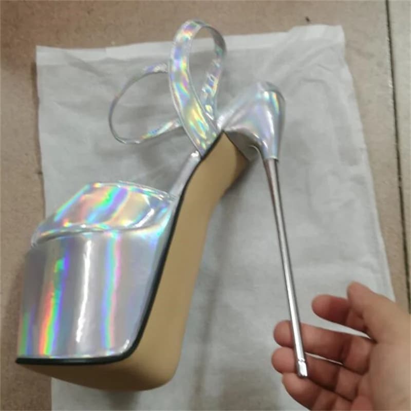 Summer 2025 Nightclub Women Shoes Sexy Open Toe Party Pumps Big Size Sandals 22CM Metal Thin High Heels Narrow Band Stilettos
