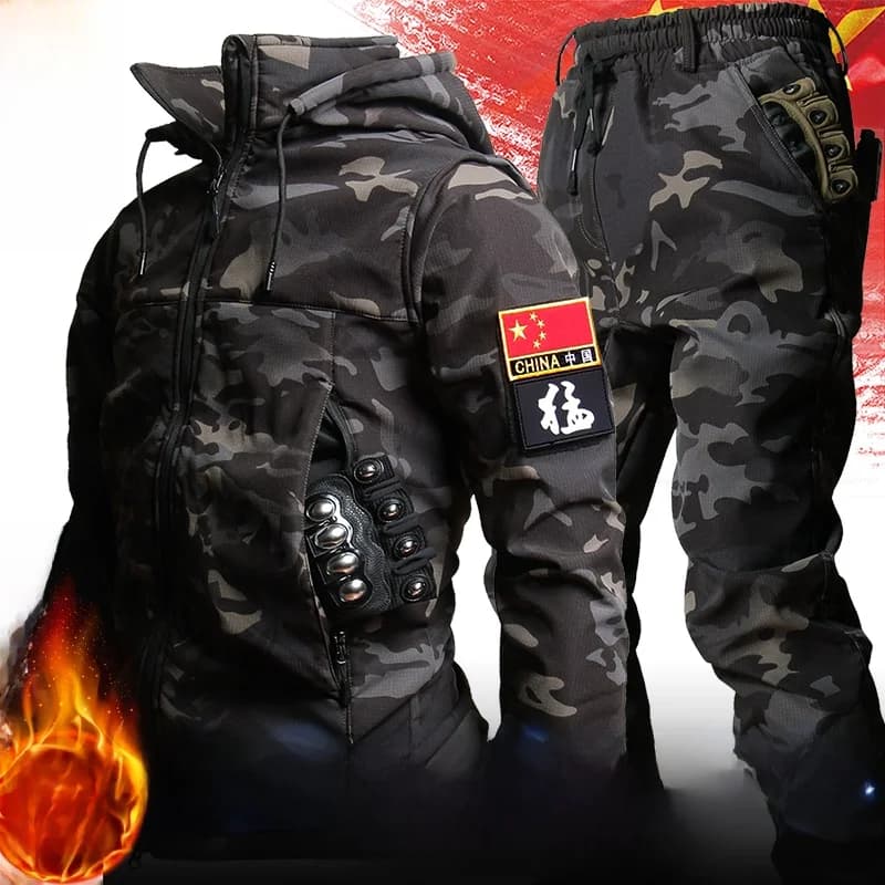 Thickened Fleece Camouflage Workwear Tactical Winter Jacket Outer Set Military Style Windproof Outdoor Clothing for Men