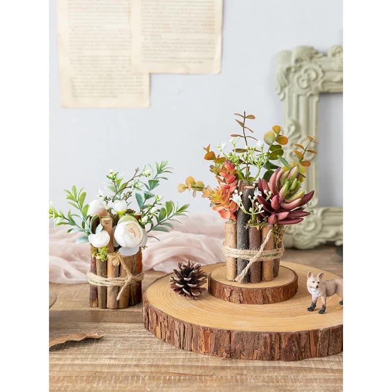TingKe-simulazione giapponese fatta a mano fiore finto, pianta verde, ornamento in vaso, decorazione domestica nordica, vaso di legno