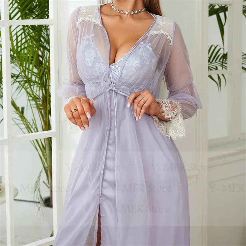 Abito da donna elegante in maglia Kimono Accappatoio Abito lungo Roeb Set camicia da notte viola Set sexy ricama di fiori con lacci Lingerie da notte