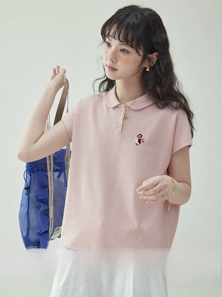 AMUU Original Pink Doll Collar Embroidered T-Shirt Women's Summer New Style Ageless Short Sleeve Casual Cotton Blend Top
