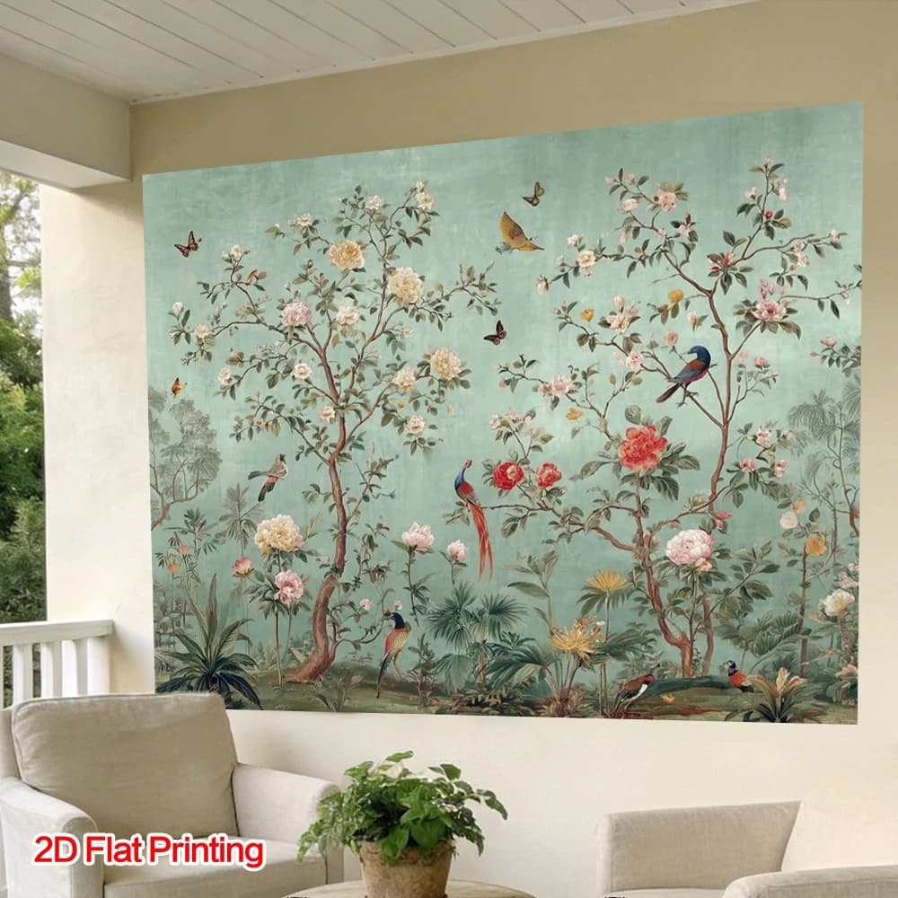 1pc Vintage Chinoiserie Floral Bird Tapestry Wall Hanging, 2D Flat Printed Bohemian Nature Botanical Wall Art for Living Room