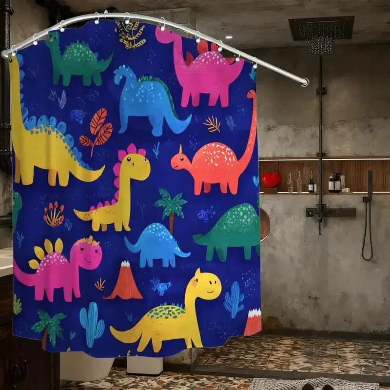 Tenda da doccia con illustrazione di dinosauri, dinosauri, vulcani e palme colorati in stile cartone animato, 12 ganci, 70,87×70,87 pollici, impermeabile, per bagno dei bambini