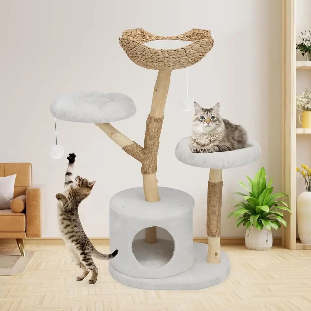 Torre per Gatti Multilivello in Legno Massello con Piattaforme, Tiragraffi e Palla Sospesa - Arredamento di Lusso in Stile Boho per Interni