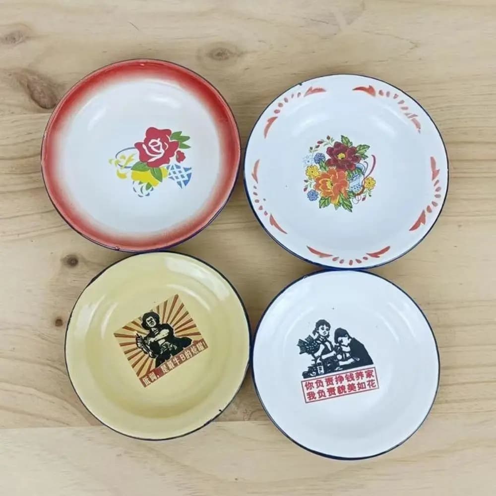 Iron Enamel Iron Enamel Dish Plate Nostalgic Theme Old-fashioned Round Enamel Plate Chinese Style Food Storage Tray Fruit