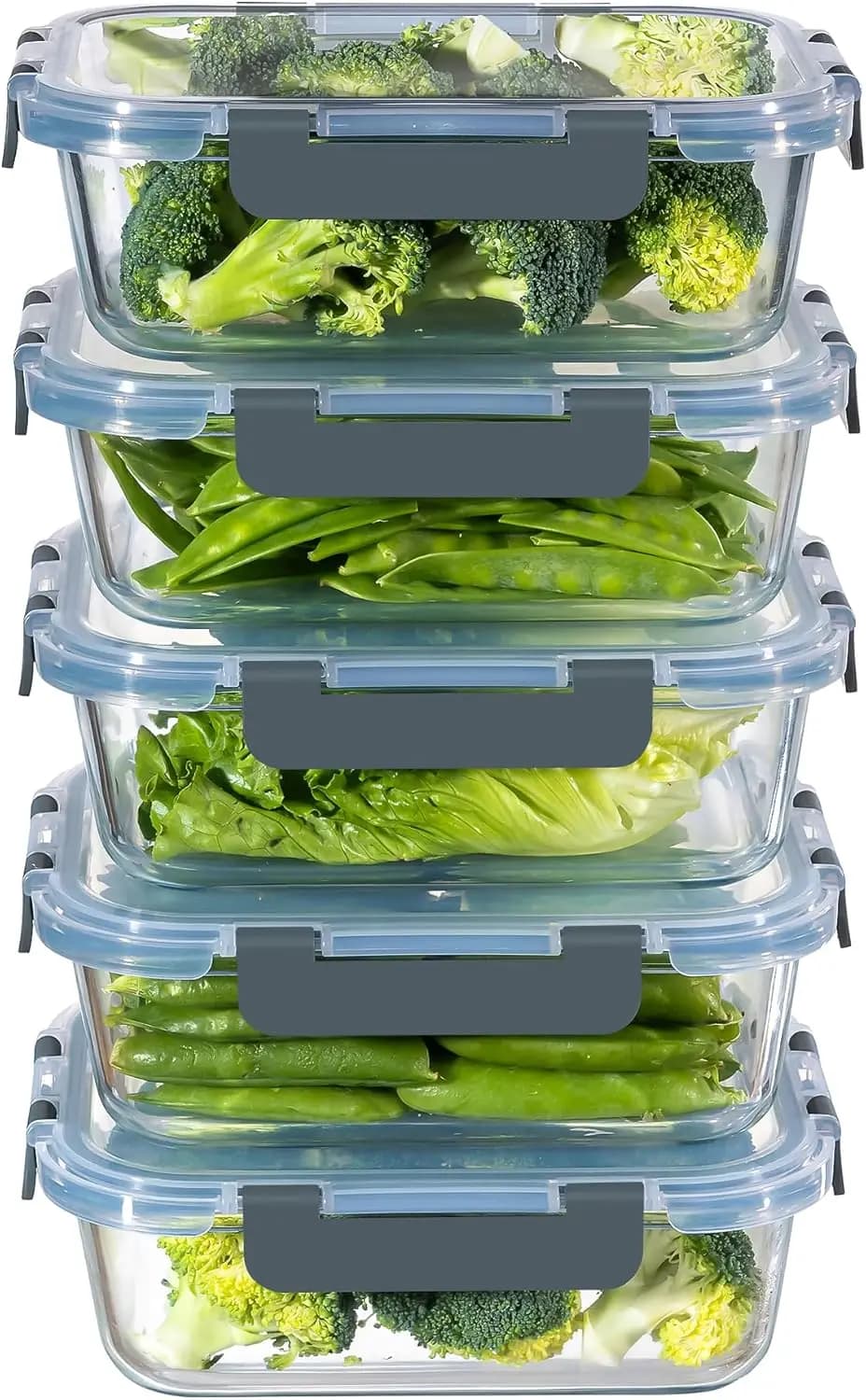 Set di 5 Contenitori in Vetro da 36 OZ con Coperchi, Ermetici per Preparazione Pasti, Adatti a Microonde, Forno, Congelatore e Lavastoviglie in Grigio